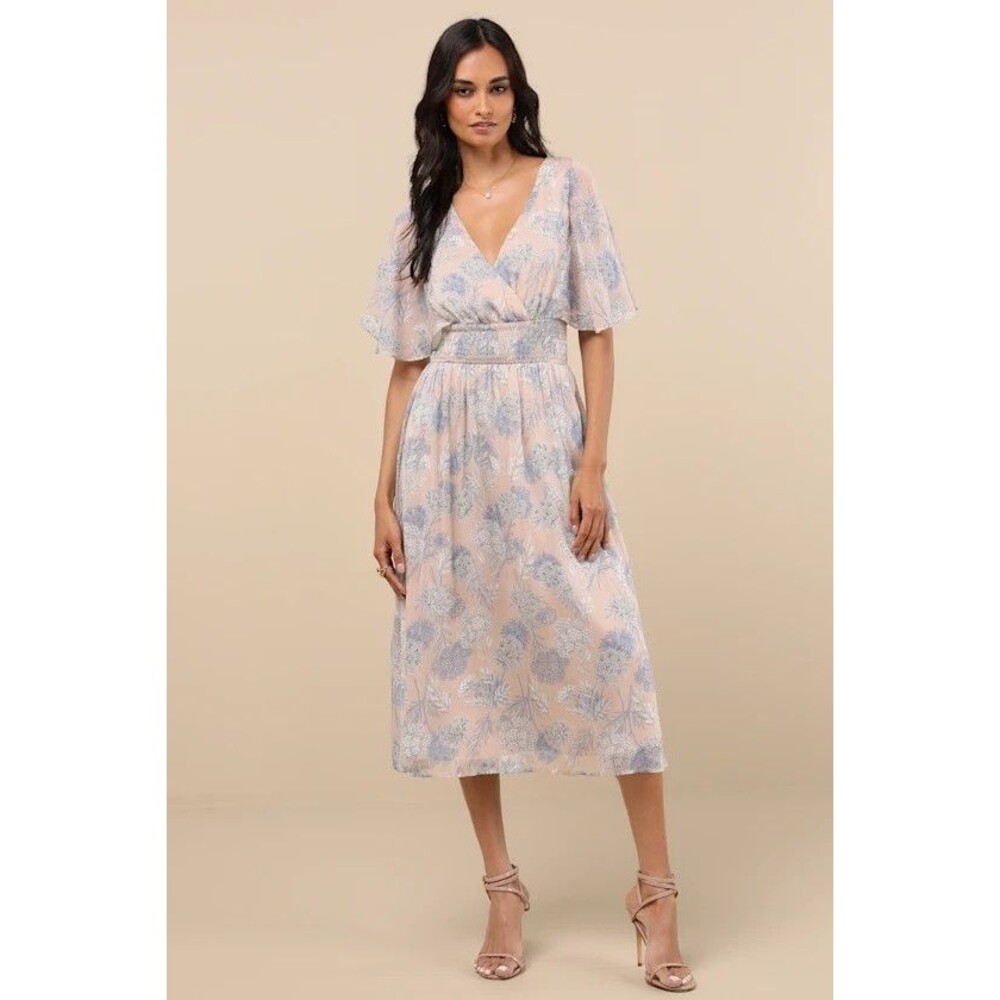 Lulu's Pale Pink and Powder Blue Floral Wrap Midi Dress